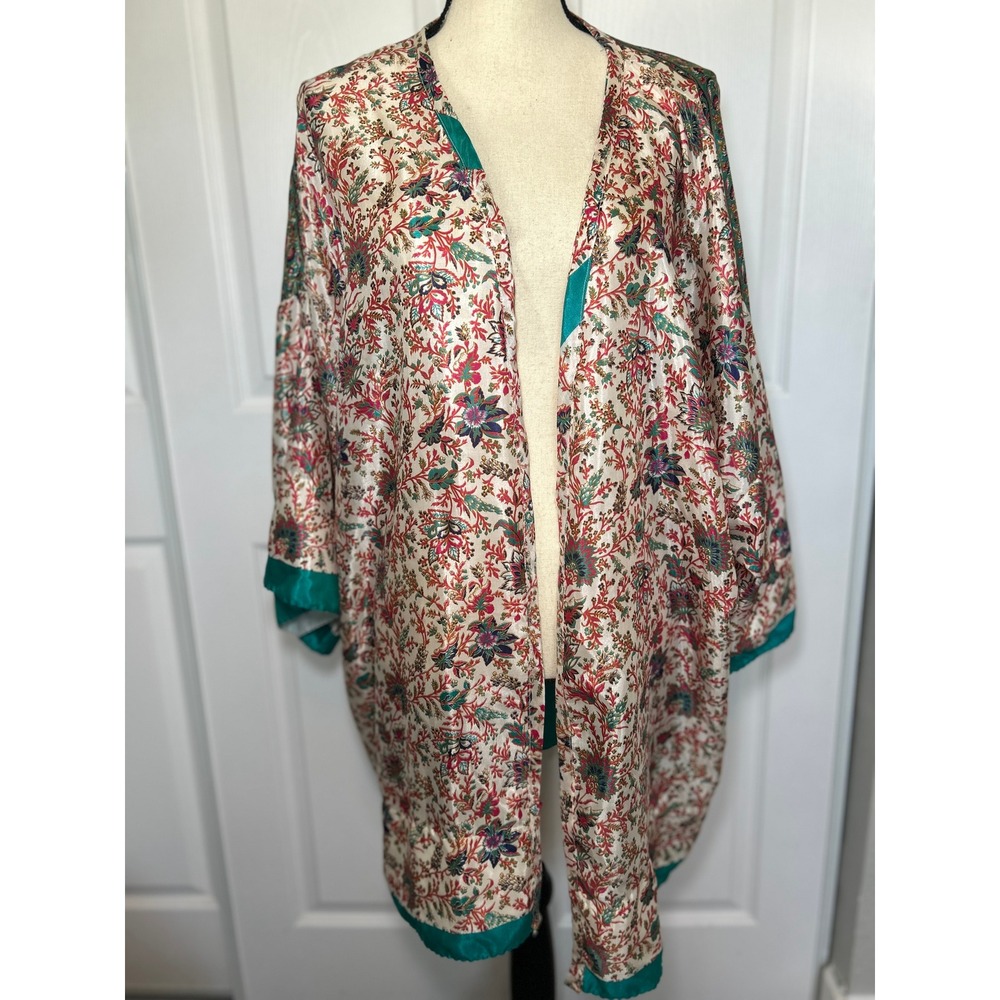 Silk Floral Kimono Duster Jacket Open Front Bohemian Festival Cover Up OS‎